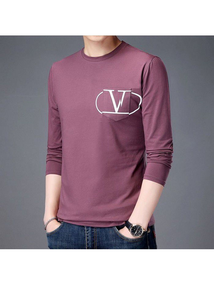 spring new men's long sleeve T-shirt solid color round neck bottomed shirt long sleeve t-shirt men's middle aged Dad 