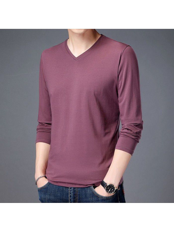 spring new men's long sleeve T-shirt solid color round neck bottomed shirt long sleeve t-shirt men's middle aged Dad 