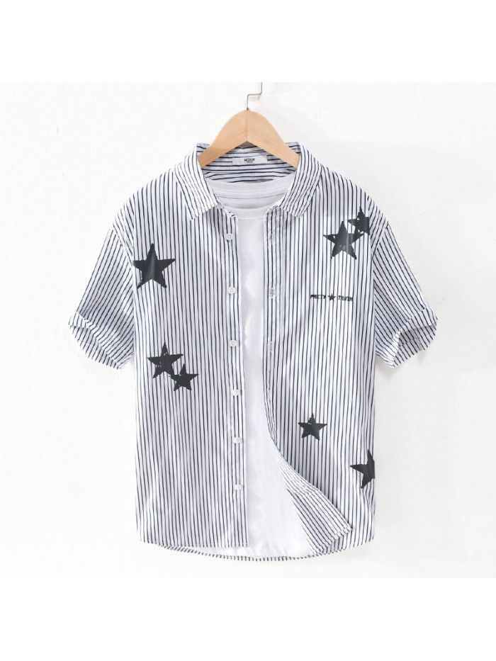 Summer new striped men's shirt star print fashion simple art fan Xiaoqing new men's cotton shirt 905 