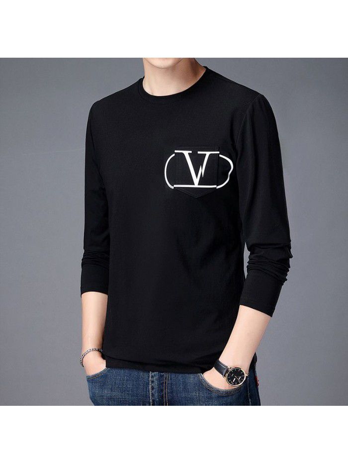 spring new men's long sleeve T-shirt solid color round neck bottomed shirt long sleeve t-shirt men's middle aged Dad 