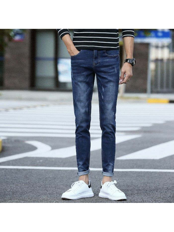 Stretch leg jeans men's fashion Korean slim wash pants men's fashion simple casual pants 