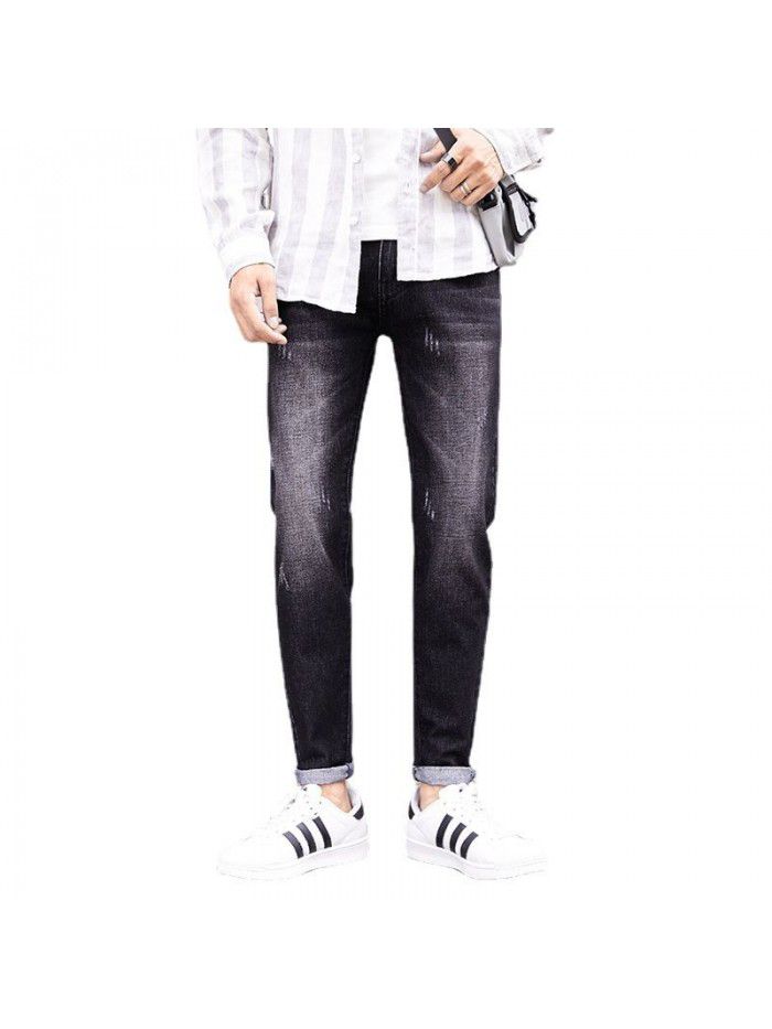 Trendy brand washed jeans men's Korean Slim small leg Capris men's trend youth fashion simple casual pants 