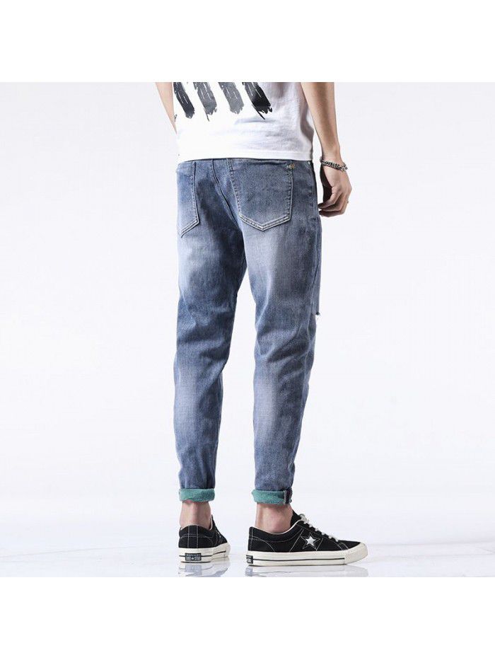 Stretch holed jeans men's fashion brand loose feet Harlan pants men's fashion youth fashion casual Capris 