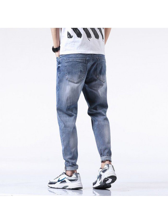 Stretch washed jeans men's fashion brand loose legged Harem Pants men's youth casual Capris new style in spring and summer 