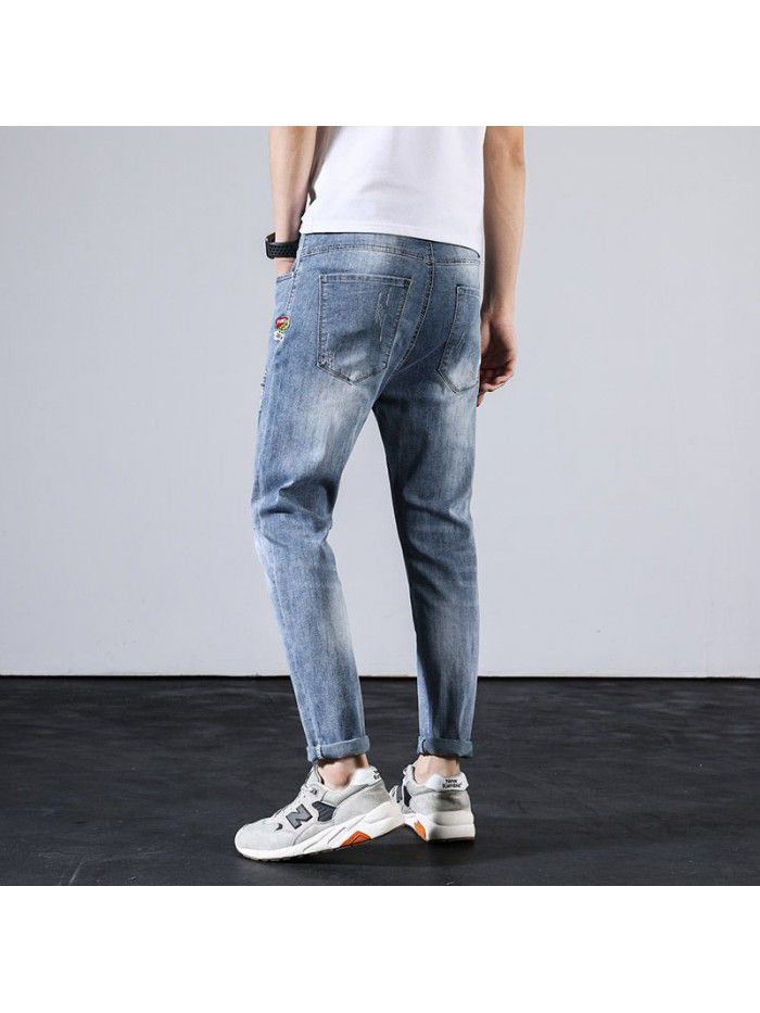 Summer thin perforated jeans men's fashion Korean slim Leggings men's youth leisure wash Capris 