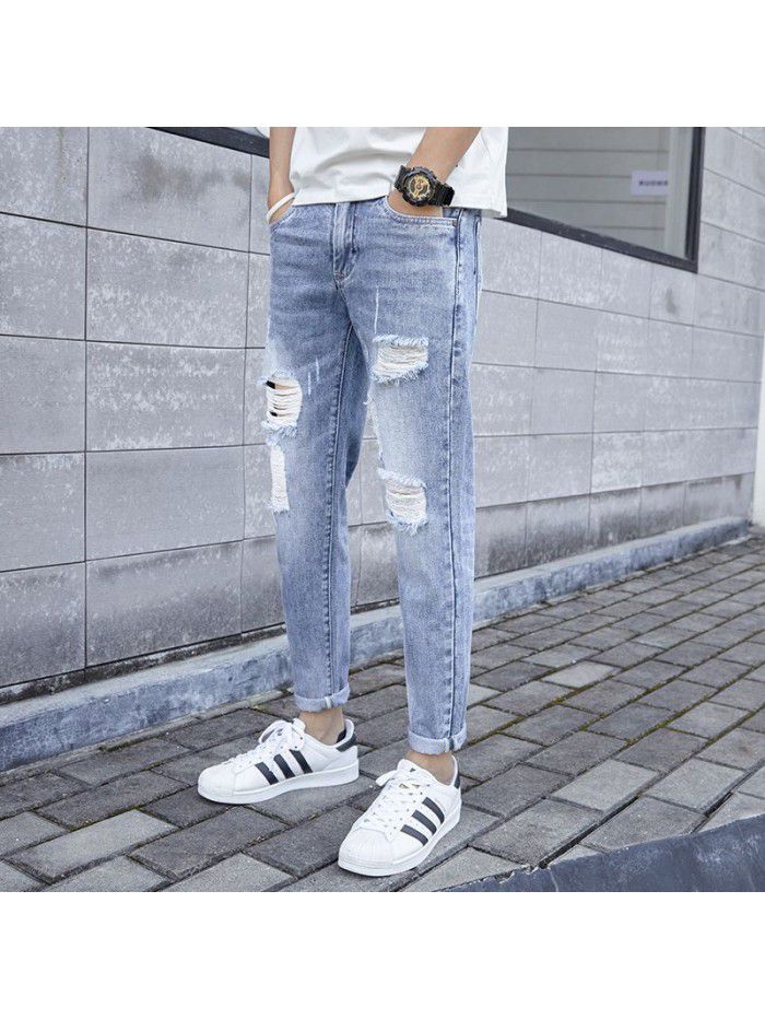 Summer jeans men's fashion brand hole Capris Korean Trend slim Leggings young casual beggars pants men's 