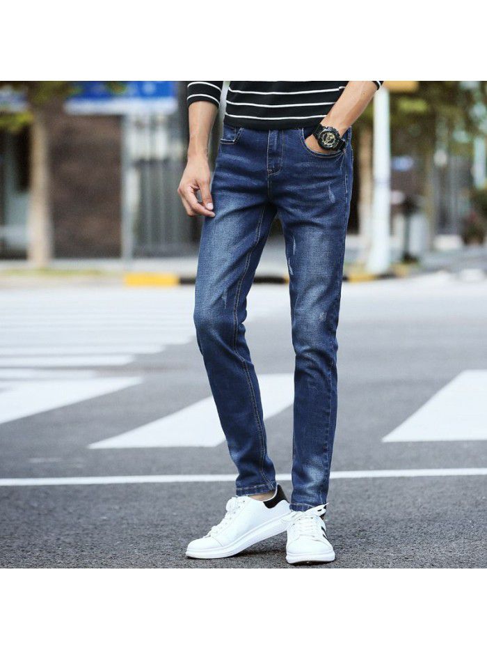 Stretch leg jeans men's fashion Korean slim wash pants men's fashion simple casual pants 