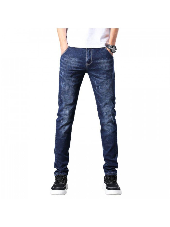 Spring and summer new fashion brand slim fit small leg jeans men's youth fashion trend Korean leisure stretch pants 