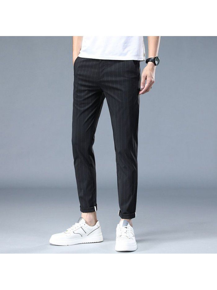 Summer thin striped elastic casual pants men's fashion Korean Slim small straight tube fashion youth Capris 