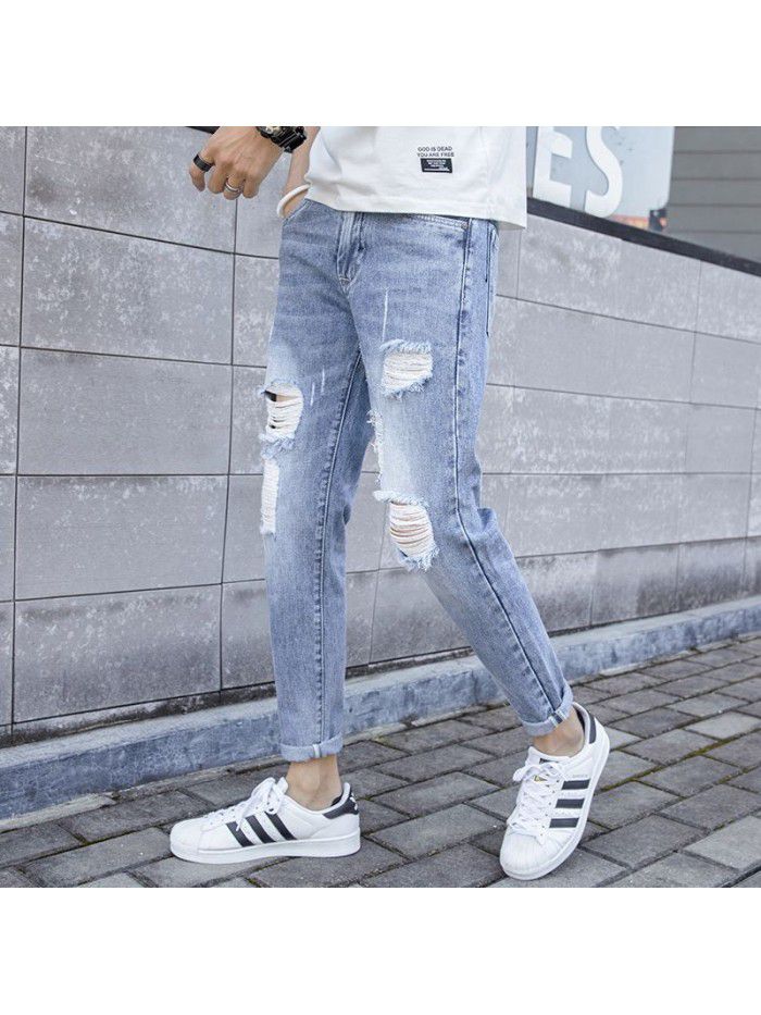 Summer jeans men's fashion brand hole Capris Korean Trend slim Leggings young casual beggars pants men's 