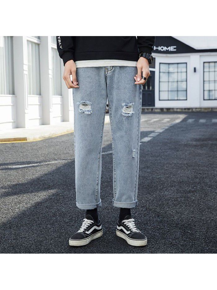 Trendy brand washed jeans men's spring and summer new loose straight pants men's trend casual hole wide leg quarter pants 