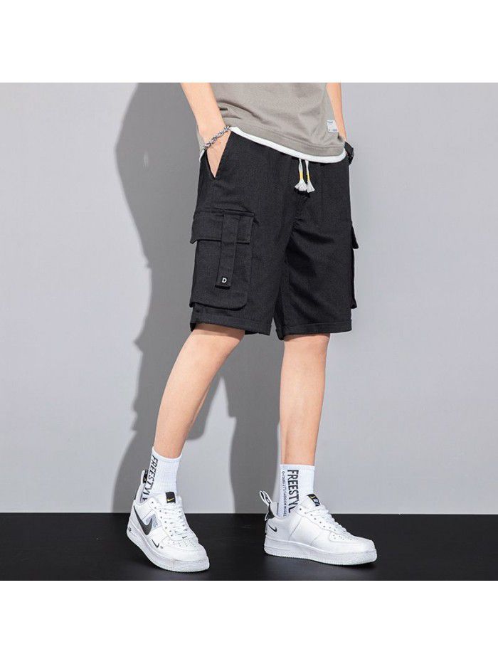 New Summer Shorts men's pants straight tube solid color overalls men's youth casual Capris men's pants 