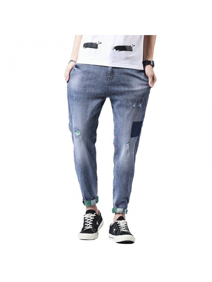 Stretch holed jeans men's fashion brand loose feet Harlan pants men's fashion youth fashion casual Capris 