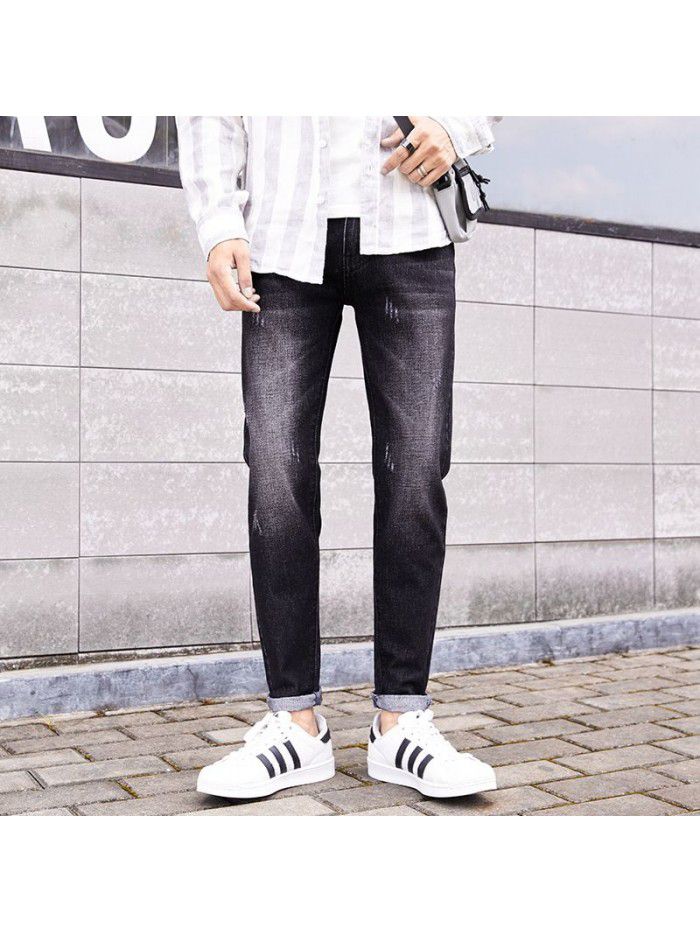 Trendy brand washed jeans men's Korean Slim small leg Capris men's trend youth fashion simple casual pants 