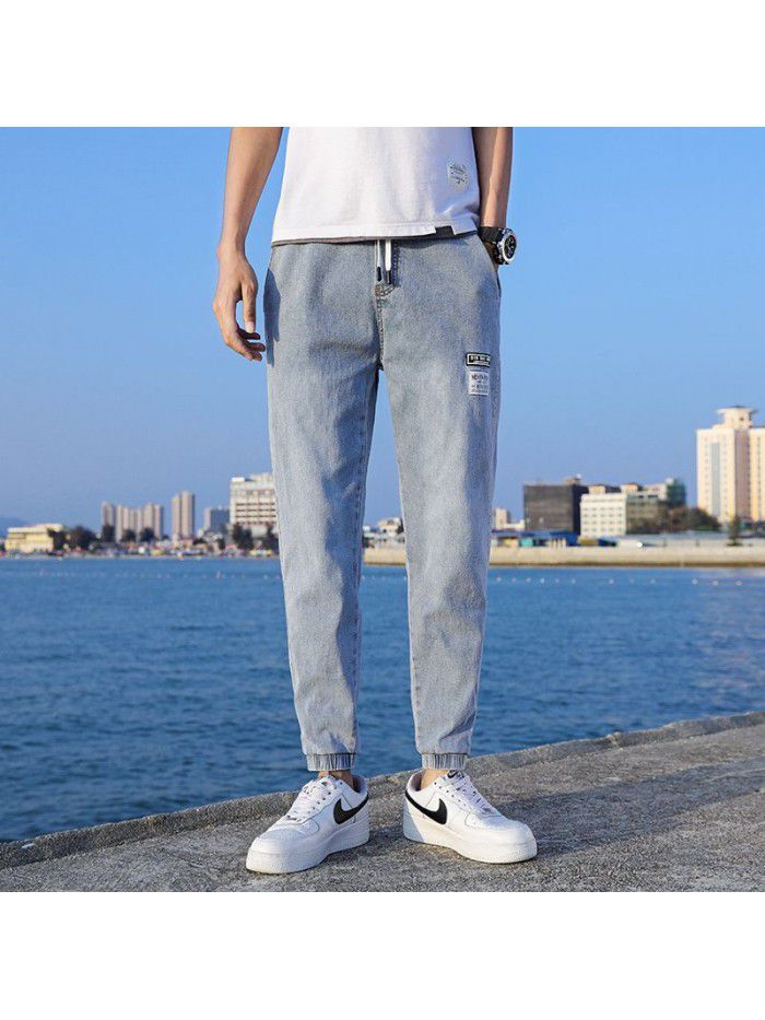 Summer thin fashion jeans men's loose large Harem Pants trend youth leisure elastic legged Capris 