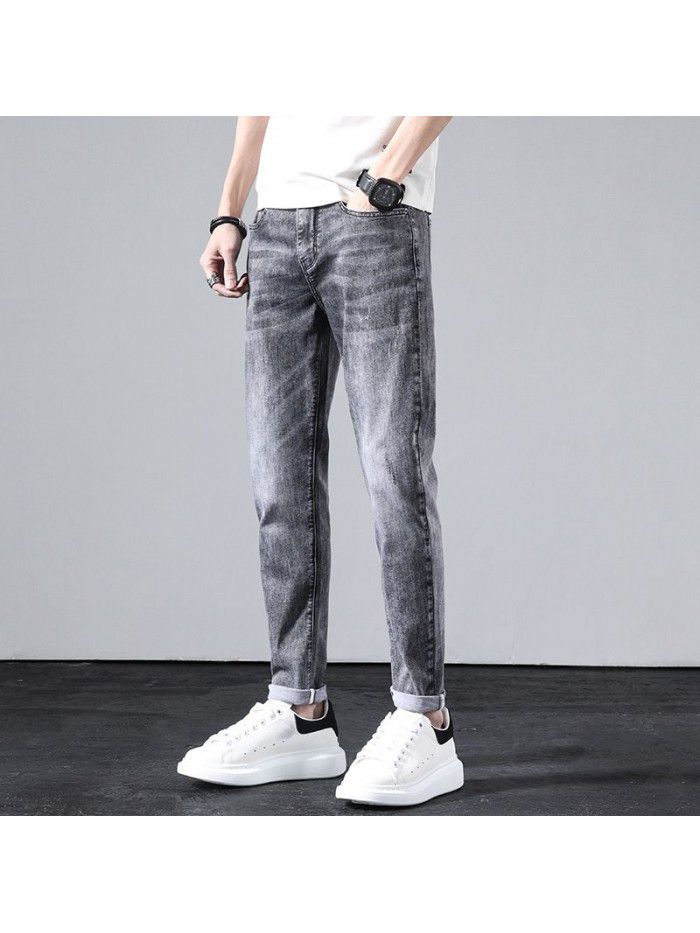 Stretch jeans men's spring and summer new Harlan loose straight pants men's fashion simple casual Capris 