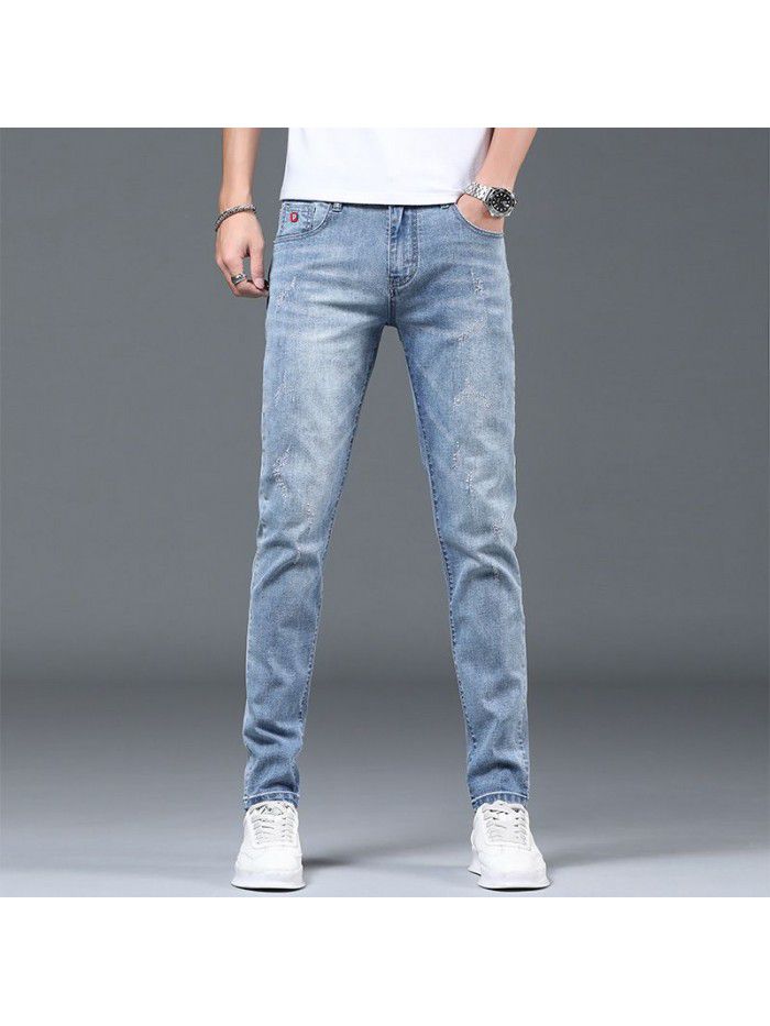 Washed stretch jeans men's spring and summer new fashion brand Korean slim Leggings men's trend youth leisure pants 