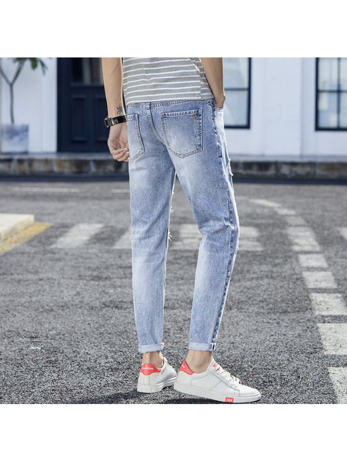 Spring and summer new fashion brand pierced jeans men's Korean slim pants men's trend youth casual Capris 