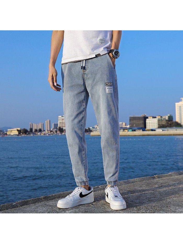 Summer thin fashion jeans men's loose large Harem Pants trend youth leisure elastic legged Capris 