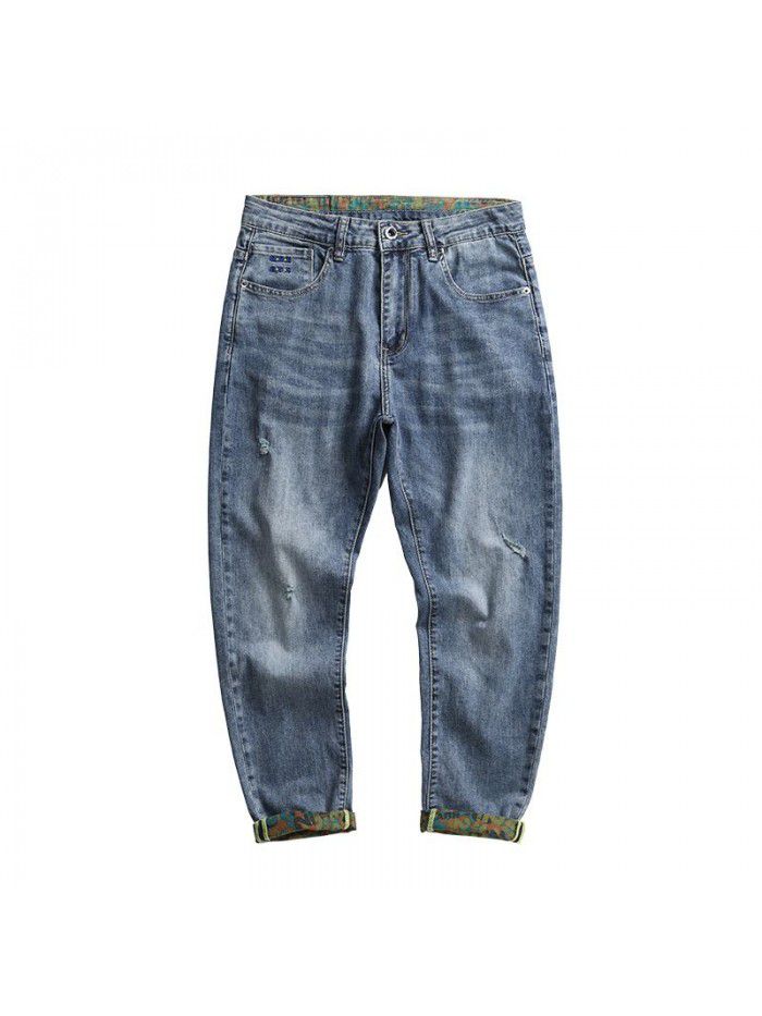 Cross border fashion brand jeans men's slim elastic Leggings Korean fashion leisure youth Capris men 