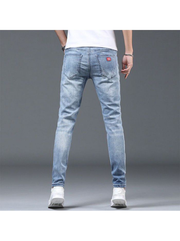 Washed stretch jeans men's spring and summer new fashion brand Korean slim Leggings men's trend youth leisure pants 