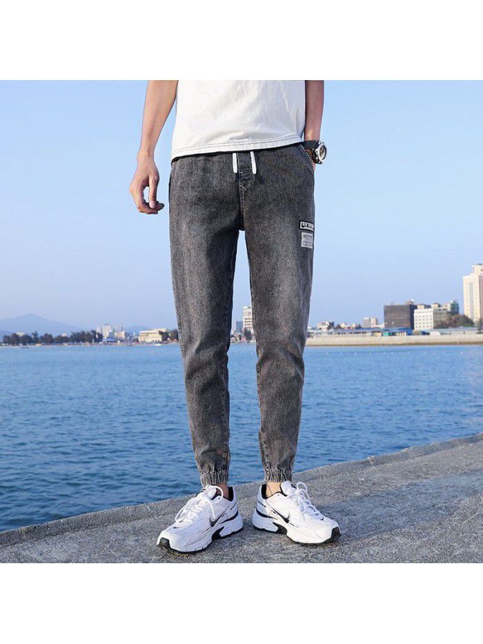 Summer thin fashion jeans men's loose large Harem Pants trend youth leisure elastic legged Capris 