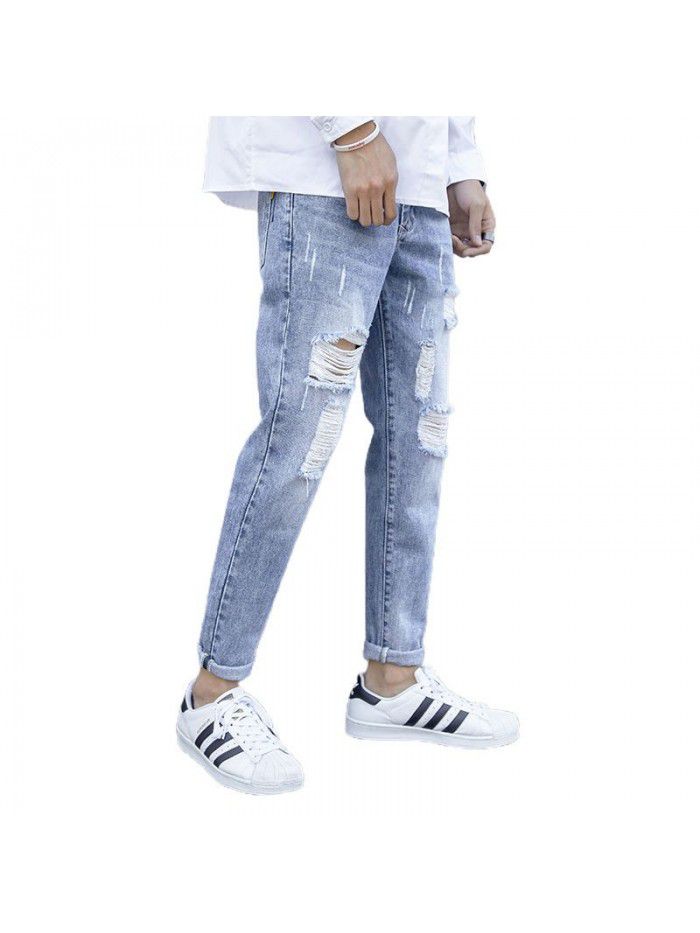 Summer jeans men's fashion brand hole Capris Korean Trend slim Leggings young casual beggars pants men's 