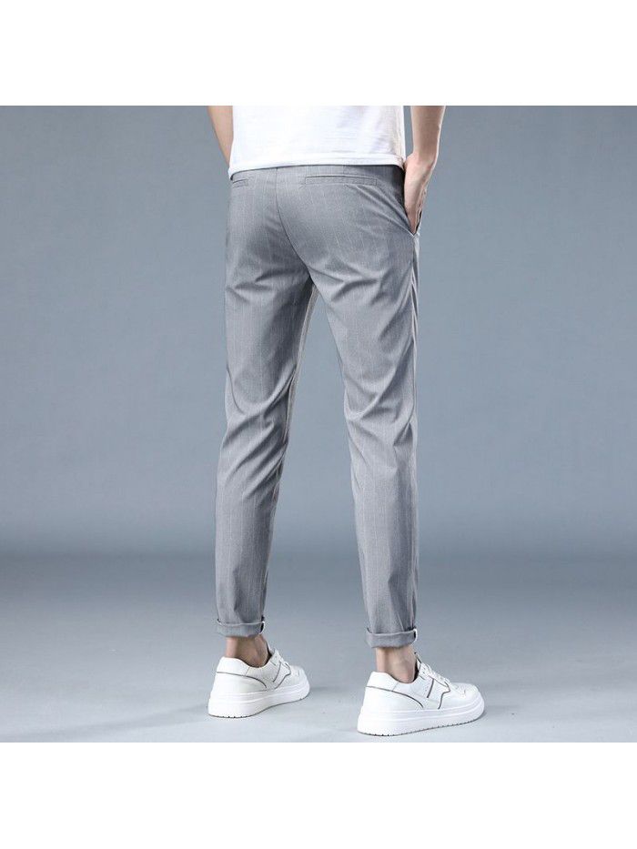 Summer thin striped elastic casual pants men's fashion Korean Slim small straight tube fashion youth Capris 