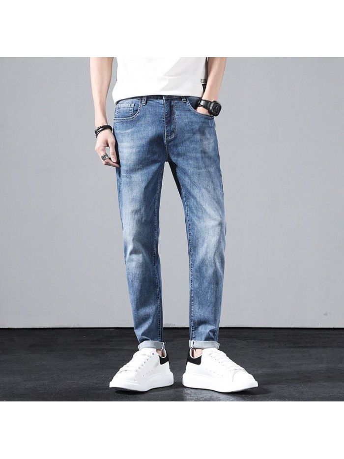 Stretch jeans men's spring and summer new Harlan loose straight pants men's fashion simple casual Capris 