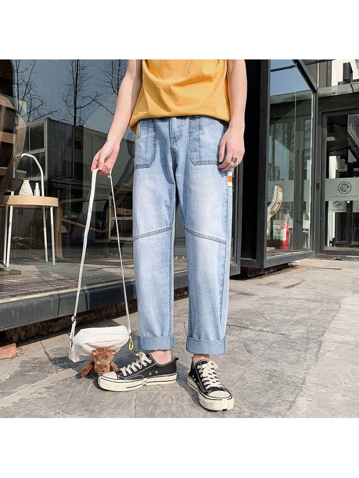 Spring and summer new jeans men's Hong Kong style trend retro straight tube loose hole washed Harlan pants wide leg pants 