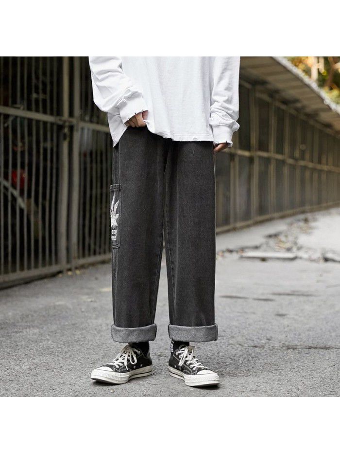 Washed and printed jeans men's fashion brand loose straight tube wide leg pants men's Korean casual tooling daddy pants 