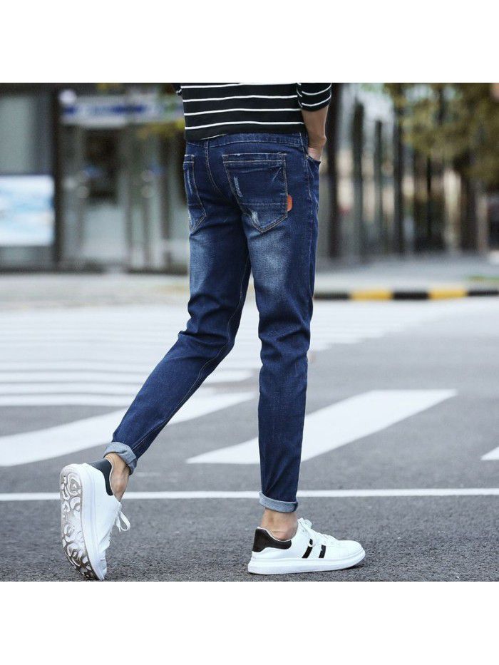 Stretch leg jeans men's fashion Korean slim wash pants men's fashion simple casual pants 