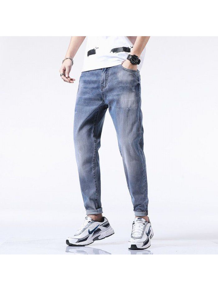 Stretch washed jeans men's fashion brand loose legged Harem Pants men's youth casual Capris new style in spring and summer 