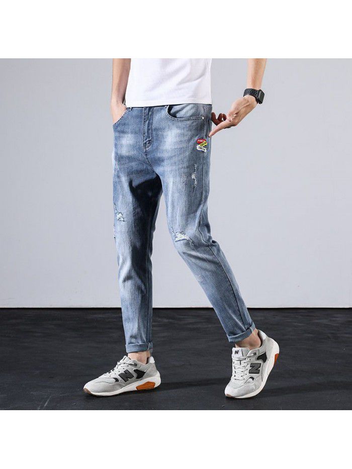 Summer thin perforated jeans men's fashion Korean slim Leggings men's youth leisure wash Capris 