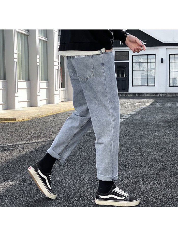 Trendy brand washed jeans men's loose straight Harem Pants men's trend casual simple wide leg daddy Capris 