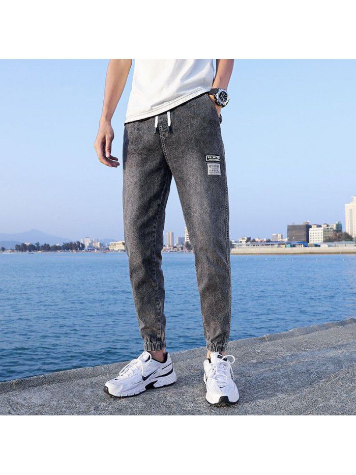 Summer thin fashion jeans men's loose large Harem Pants trend youth leisure elastic legged Capris 