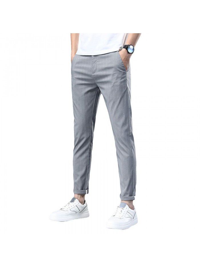 Summer thin striped elastic casual pants men's fashion Korean Slim small straight tube fashion youth Capris 