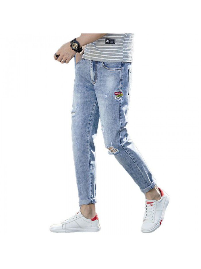 Hole jeans men's spring and summer new fashion brand Korean slim Leggings men's youth fashion casual Capris 