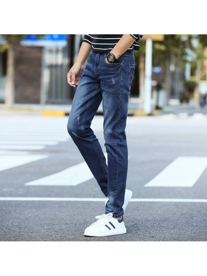 Stretch leg jeans men's fashion Korean slim wash pants men's fashion simple casual pants 