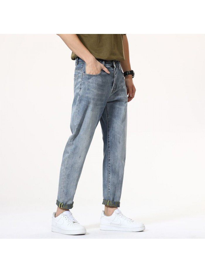 New fashion brand jeans in spring and summer of  men's slim elastic Leggings Korean fashion youth casual Capris 