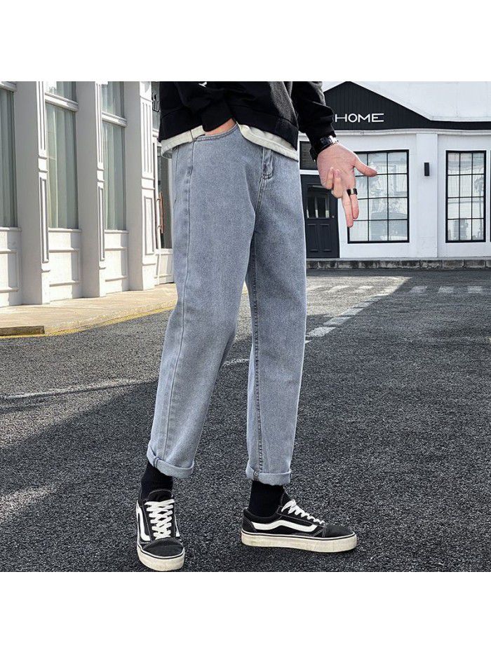 Trendy brand washed jeans men's loose straight Harem Pants men's trend casual simple wide leg daddy Capris 