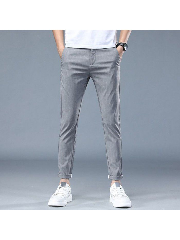 Summer thin striped elastic casual pants men's fashion Korean Slim small straight tube fashion youth Capris 