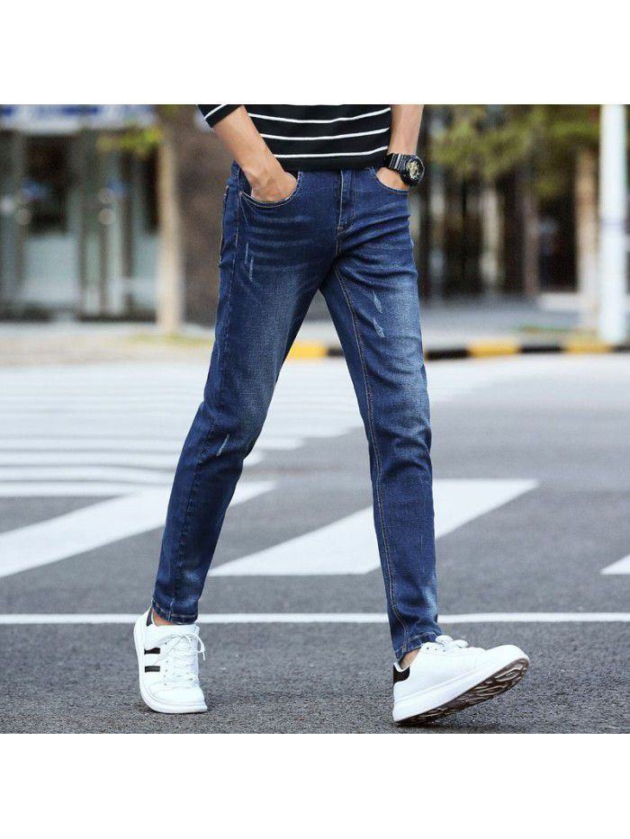 Stretch leg jeans men's fashion Korean slim wash pants men's fashion simple casual pants 