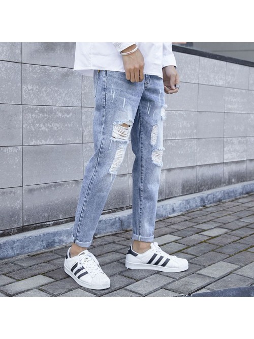 Summer jeans men's fashion brand hole Capris ...