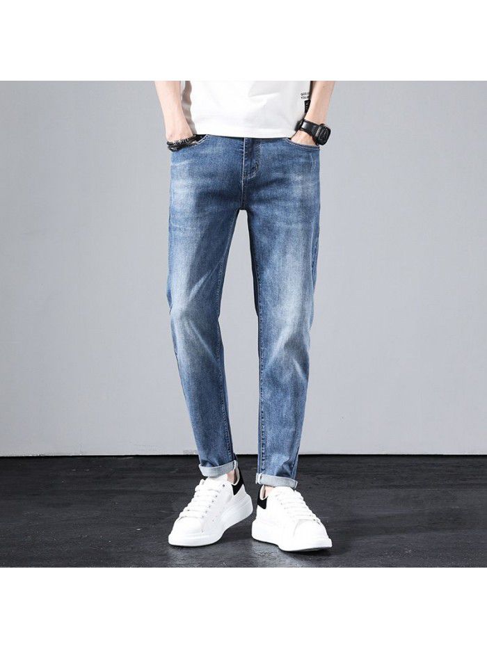 Stretch jeans men's spring and summer new Harlan loose straight pants men's fashion simple casual Capris 