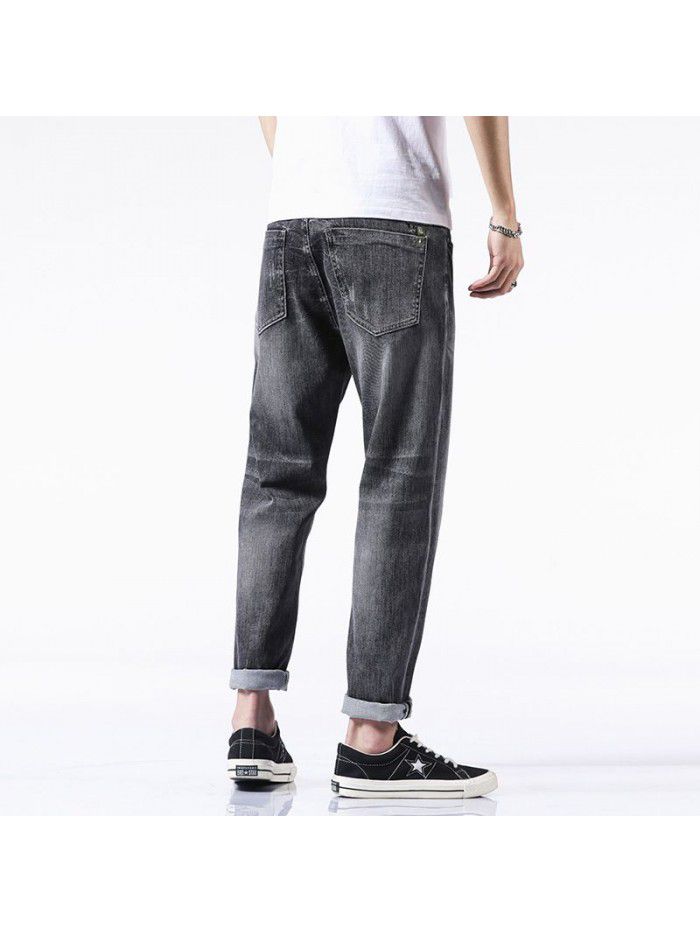 Spring and summer new fashion brand jeans men's loose straight elastic pants men's fashion Korean casual harem Capris 