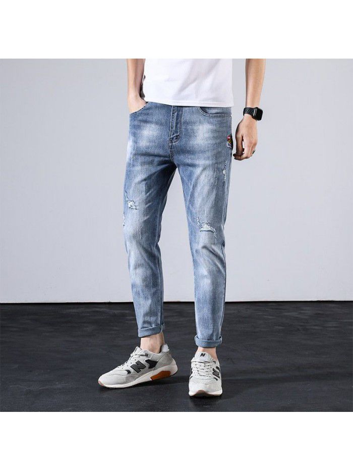 Summer thin perforated jeans men's fashion Korean slim Leggings men's youth leisure wash Capris 