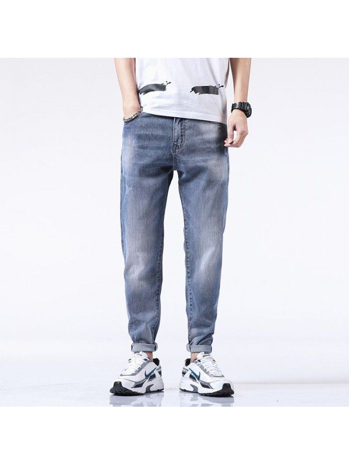 Stretch washed jeans men's fashion brand loose legged Harem Pants men's youth casual Capris new style in spring and summer 