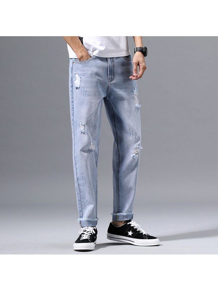 spring and summer new jeans men's loose straight cut pants men's Korean fashion casual pants 