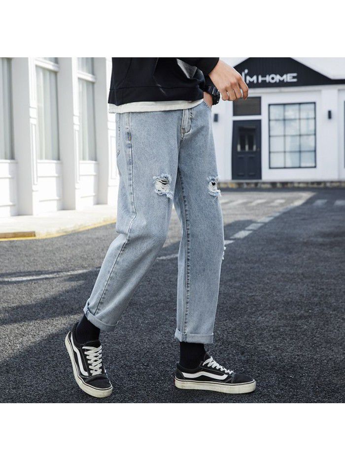 Trendy brand washed jeans men's spring and summer new loose straight pants men's trend casual hole wide leg quarter pants 